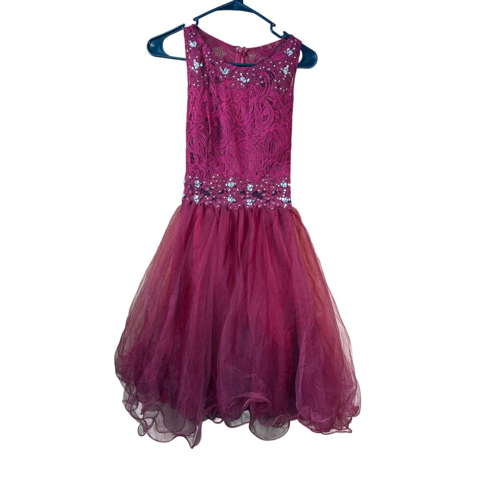Girls Formal Dress Size 20 Burgundy Lace Tulle Rhinestone Pageant NWT